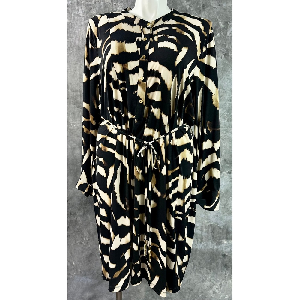 Calvin Klein Black Brown Animal Print L/S Buttoned Neck Dress sz 3X (16289) NEW